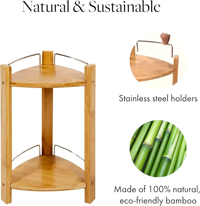 GOBAM Bamboo Shower Corner Caddy, Large - 2 Tier Standing Shower Stand for Shampoo, Conditioner, Lotion, Soap - Caddy Organizer for Kitchen, Bedroom, or Office