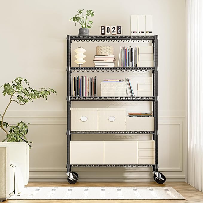 IZEUK 5-Tier Storage Shelving Unit with Wheels, Adjustable Heavy Duty Steel Wire Rack Organizer (Black, 17.7" D x 47.2" W x 76.7" H, 1750 lbs Capacity) for Garage, Kitchen, Office, Laundry, Basement-NeatNest