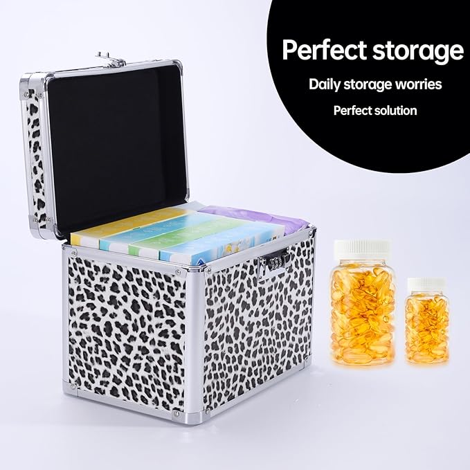 Medication Combination Lock Boxes with Code for Personal Items, Medicine Lockbox for Documents 10 x 7.25 x 7.75 Inches White Leopard