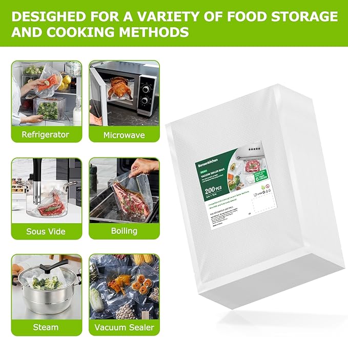 Bonsenkitchen Precut Vacuum Sealer Bags 200 Quart 8" x 12", BPA Free, Commercial Grade Textured Food Vacuum Sealer Bag, Thick Embossed Bags for Storage and Sous Vide Cooking VB3208-NeatNest