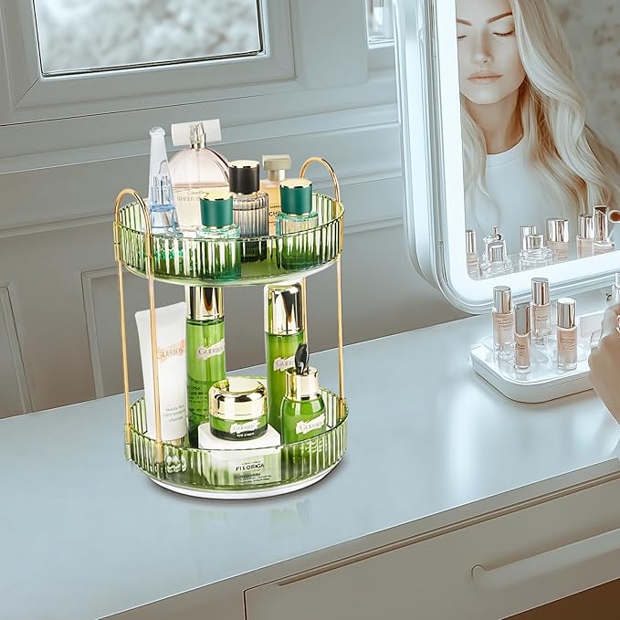 360 Rotating Makeup Organizer - Large Capacity Spinning Perfume & Cosmetic Skincare Holder for Vanity & Countertop (Gem Green, 2 Tier)-NeatNest