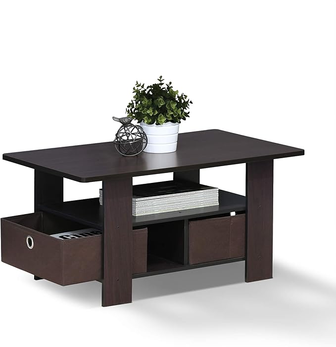 Furinno Andrey Coffee Table with Bin Drawer, Dark Walnut-NeatNest
