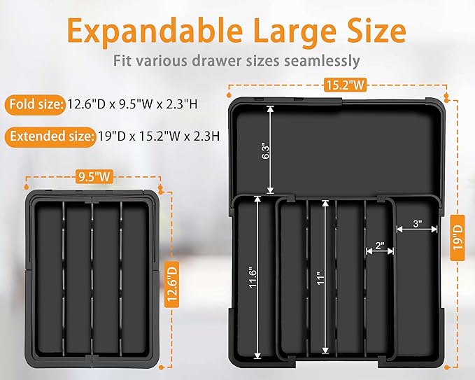Homecor Silverware Organizer Expandable Kitchen Drawer Organizer with 7 Slots, BPA Free Cutlery Utensil Drawer Organizer, Kitchen Utensil Storage Tray for Forks Knives Spoons, Anti-Slip, Black-NeatNest