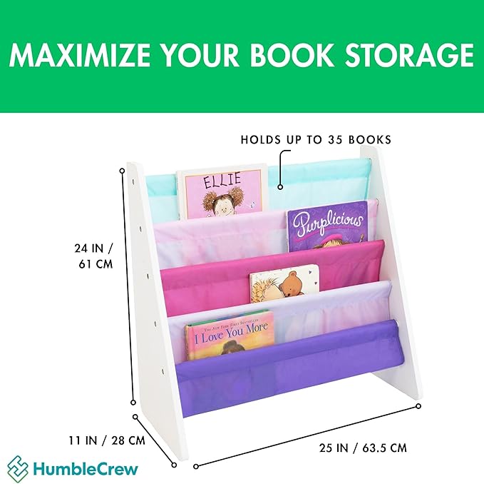 Humble Crew, White/Pink/Purple/Blue Kids Book Rack Storage Bookshelf, 4 Tiers, 25" W x 11" D x 24" H