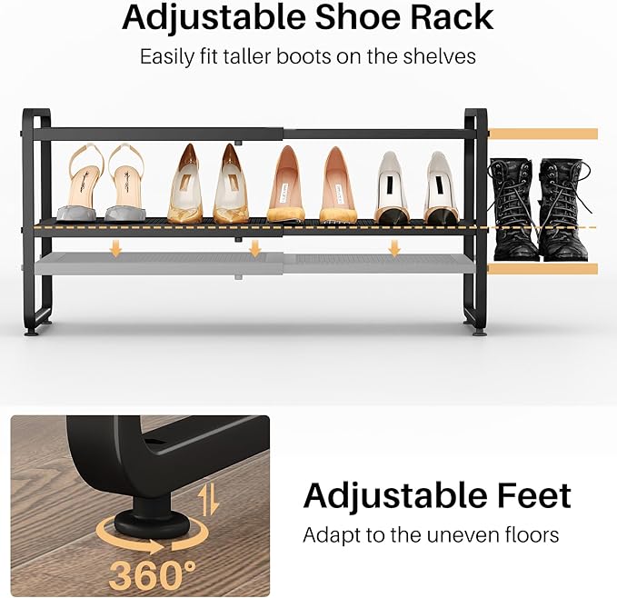 Shoe Rack - Expandable Shoe Organizer for Closet, Adjustable Metal Shoe Shelf Storage, 2 Tier Stackable Long Shoe Stand Holder for Garage, Entryway, Door Entrance, Black-NeatNest