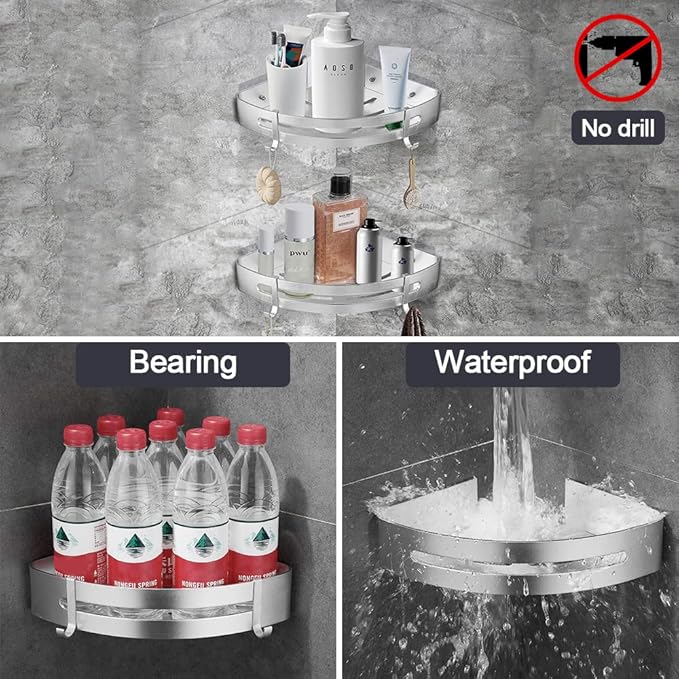 JASTT Bathroom Corner Shelf Adhesive Shower Shelf Wall Mounted Bath Shelves Shower Caddy with Hook Storage Rack Shower Organizer Corner Shelf No Drilling Shower Caddy Basket Rust Proof 2 Packs Silver