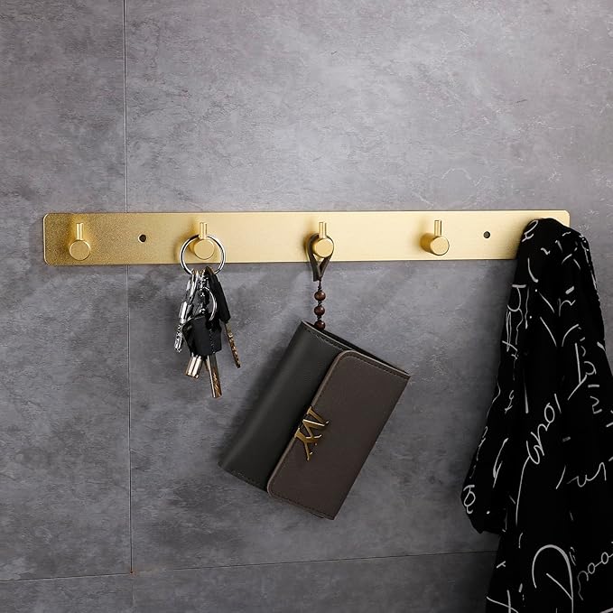 Gold 5 Wall Hooks, Brushed Gold Bathroom Hook Rail, Self Adhesive 5 Hooks Key Hook Rack Hanger Towel Robe Stick Hooks for Toilet Entryway Hallway Kitchen Wall Mounted