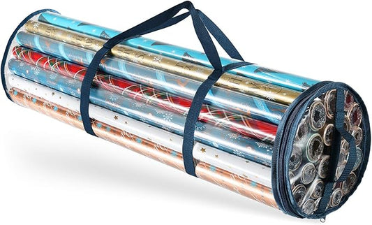 Hearth & Harbor Wrapping Paper Storage Container - Clear Wrapping Paper Holder Fits Up To 14 Rolls of 40" - Tear Proof Gift Wrap Organizer - Premium Bag for Easy Carrying, Blue-NeatNest