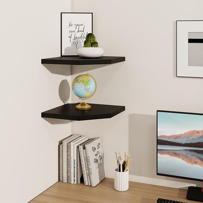 Fun Memories Corner Shelf Wall Mount, Solid Oak Wood Floating Corner Shelves with Cable Hole, 10in Rustic Design for Bedroom, Bathroom, Kitchen, Living Room (Black, 1 Pack)-NeatNest