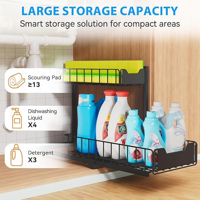 2 Pack Under Sink Organizer - Metal Bathroom Cabinet Organizer, Under Kitchen Sink Organizer and Storage Sliding Drawer for Closet, Laundry & Pantry Storage-NeatNest