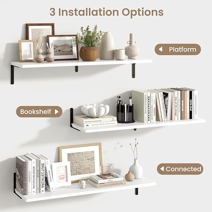 Fun Memories Deep Floating Shelves, 36W x 8D Floating Shelves Set of 2, Wall Mounted Shelf with Metal Brackets, Rustic Wood Wall Shelf for Bathroom, Kitchen and Living Room, White-NeatNest