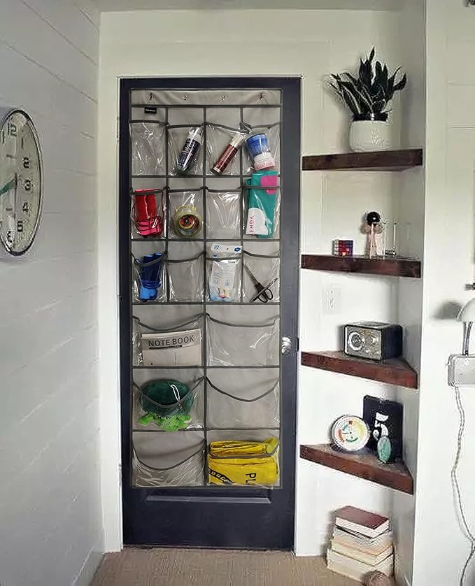 Extra Large Hanging Crystal Clear Over Door Shoe Organizer, Closet Shoe Rack with 12+6 Pockets, 8 Hooks, Grey (59"x 21.6")-NeatNest