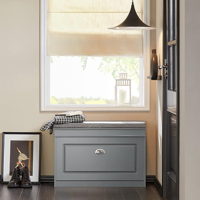 Haotian Shoe Storage Bench with Cushion, Grey Narrow Shoe Rack for Entryway, Small Shoe Cabinet with 2 Tiers Flip-Drawer, Closet Hallway Mudroom FSR82-L-HG-NeatNest