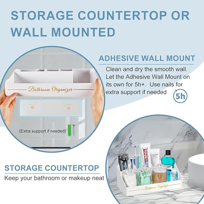 Bathroom Countertop Organizer, Toothbrush Holders for Bathroom with 3PCS Qtip Holder Dispenser and Toothpaste Holder Drainage for Bathroom Accessories Organization Counter Vanity Storage-White