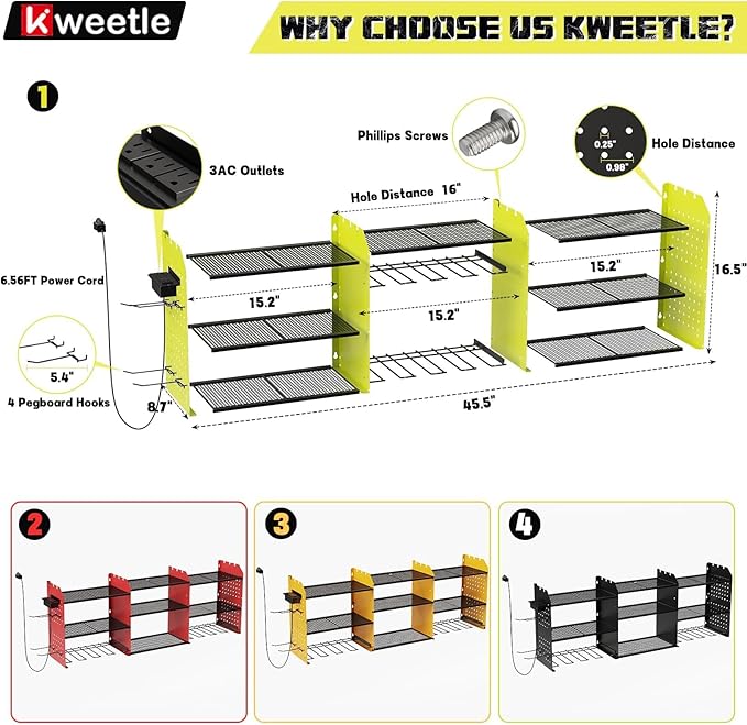 45" Power Tool Organizer Wall Mount with Charging Station - 3 Layer Storage Racks with 8 Cordless Drill Holder, 4 Hooks, Heavy Duty Garage Tool Organizer Storage for Workshop Shed Pegboard Basement