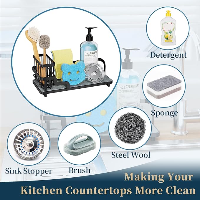 Consumest Sponge Holder for Kitchen Sink - Sink Caddy Organizer with Water Absorbing Stone Tray, Detachable Brush Holder, Stainless Steel Kitchen Counter Organizer Rack, Black-NeatNest