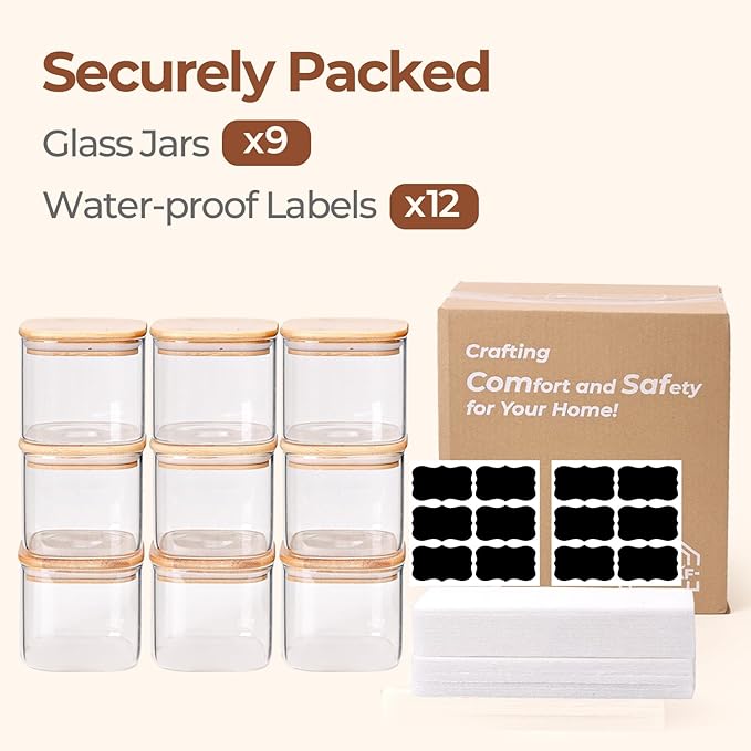 ComSaf 0.7 Qt Glass Food Storage Jars Set of 9, Clear Glass Storage Containers with Lids, Pantry Organization Jar, Spice, Blooming Tea, Oat, Coffee and Sugar Container, Small Canister Set for Kitchen-NeatNest