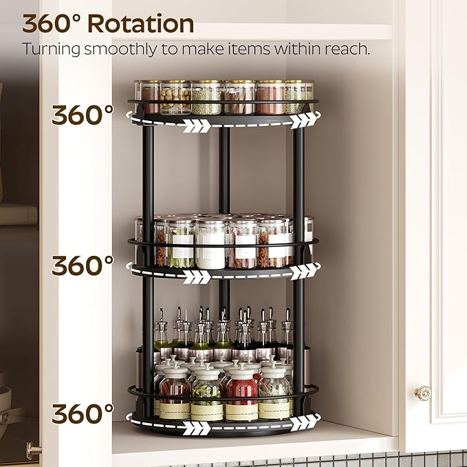 3-Tier Lazy Susan Organizer, Rotating Spice Rack, Spinning Organizer, Industrial Turntable Spice Rack Organizer for Cabinet, Kitchen Countertop, Pantry, Black SR23BK-NeatNest