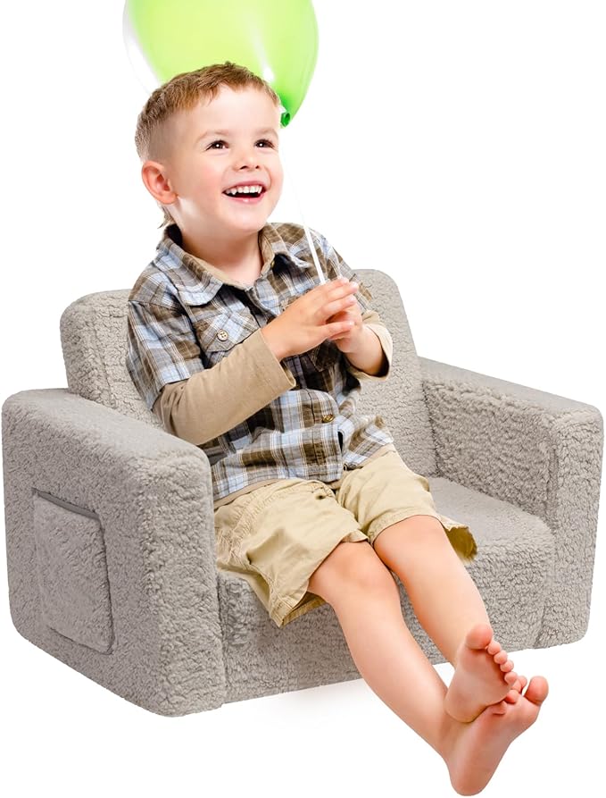 ALIMORDEN Kids Couch, 2-in-1 Fold Out Toddler Chair & Snuggly Foam Lounger Seat, Removable Washable Cover - Soft Reading Couch, Ideal Gift for for Boys and Girls, Light Grey-NeatNest