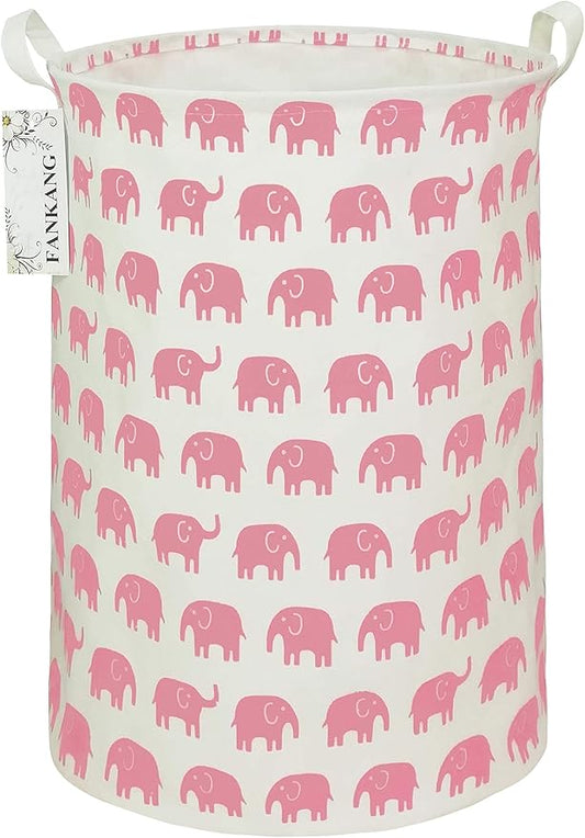 FANKANG Storage Basket, Nursery Hamper Canvas Laundry Basket Foldable with Waterproof PE Coating Large Storage Baskets for Kids Boys and Girls, Office, Bedroom, Clothes,Toys（Pink Elephant）