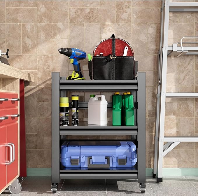 3-Tier Garage Storage Shelves,Heavy-Duty Unit with Wheels,Easy to Assemble Adjustable Metal Garage Shelving for Kitchen Warehouse Tool Room(Size:80cmX40cmX80cm)
