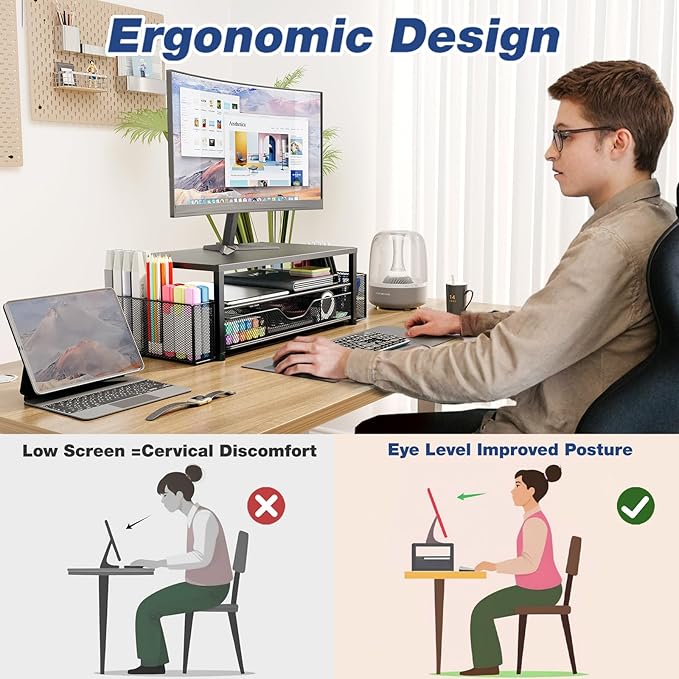 Desk Organizer and Accessories, 2-Tier Computer Monitor Stand Riser with Drawer and 2 Pen Holders, Laptop Stand, Office Desk Accessories for Office Supplies, Pink