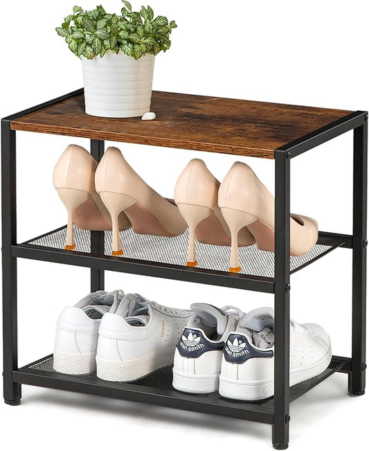3-Tier Small Shoe Rack Wooden Shoe Shelf Storage for Entryway, Closet, Hallway, and Bedroom, Industrial Shoe Organizer with Sturdy Metal Mesh Shelves-NeatNest