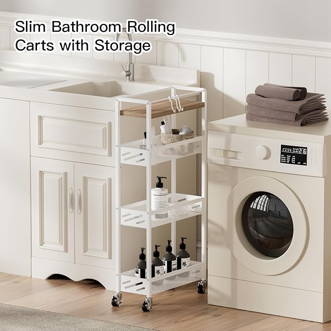 DGSNADGO Slim Rolling Storage Cart, 4-Tier Kitchen Cart on Wheels, Narrow Utility Cart with Handle and Wooden Tabletop for Small Space in Kitchen, Living Room, Bathroom, Laundry Room, Beige and White