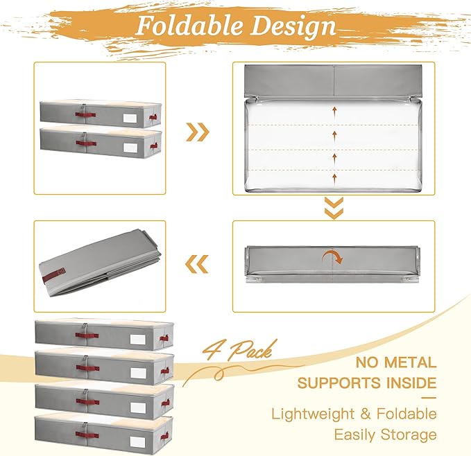 Criusia Under Bed Storage Bins with Clear PVC Lids – 4 Pack Large Underbed Organizers with Heavy-Duty Handles, Reinforced with 800G PP Panels & 80G Non-Woven Fabric – Waterproof & Foldable, Gery-NeatNest