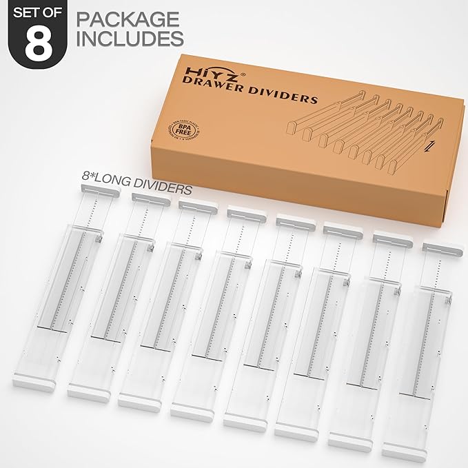 HiYZ Expandable Drawer Dividers - 12.6-22.8'' Adjustable Drawers Organizers for Kitchen Utensils, Drawer Separators in Bedroom, Dresser, Office, Bathroom, Fridge, 8 Pack Long Dividers-Clear-NeatNest