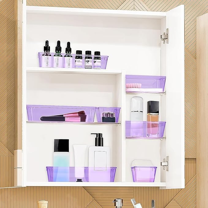 10 PCS Drawer Organizer Set, 4 Varied Size Bathroom and kitchen Drawer cabinet organizer Trays, Clear Storage Bins for Makeup, Jewelry, Utensils and Gadgets, Purple-NeatNest