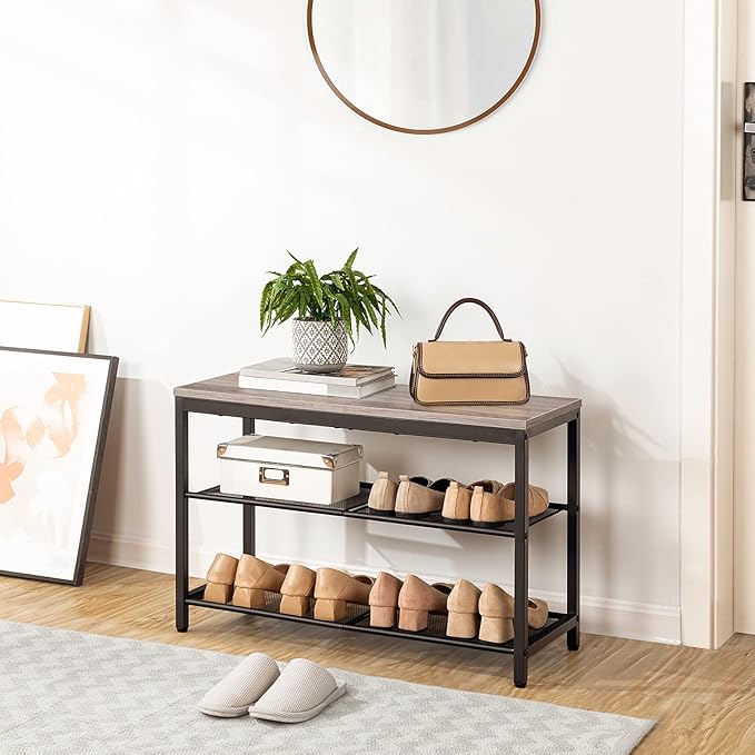 HOOBRO Shoe Bench, 3-Tier Shoe Rack, Industrial Shoe Organizer Storage Bench, 29.5 inches Entry Bench with Mesh Shelves, for Entryway, Living Room, Hallway, Easy Assembly, Greige BG75HX01-NeatNest