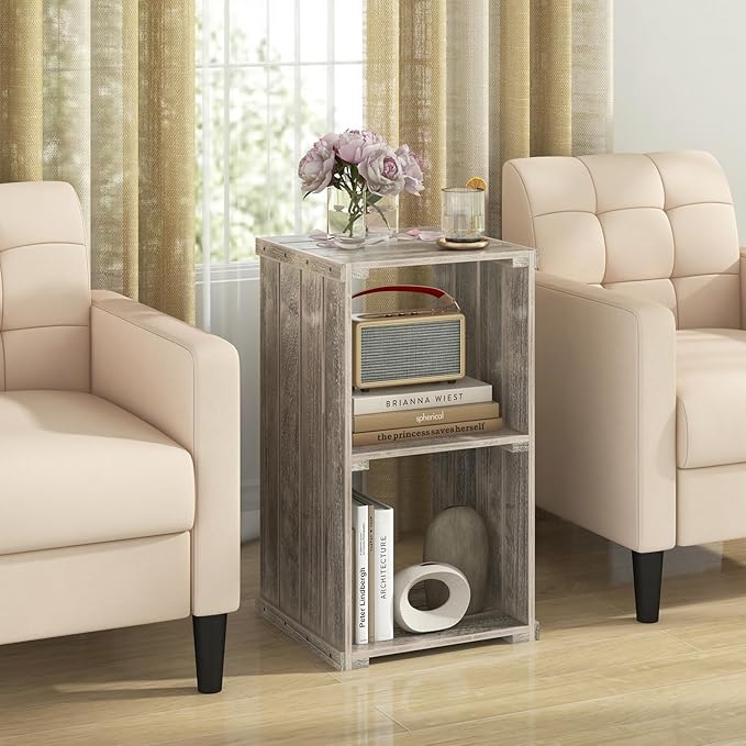 Giantex 2-Cube Bookcase Set of 2, 3-Tier Paulownia Wood Cubic Organizer w/Open Back, Freestanding Cubby Storage Shelf, Slatted Wooden End Table, Farmhouse Style Bookcase for Living Room, Bedroom