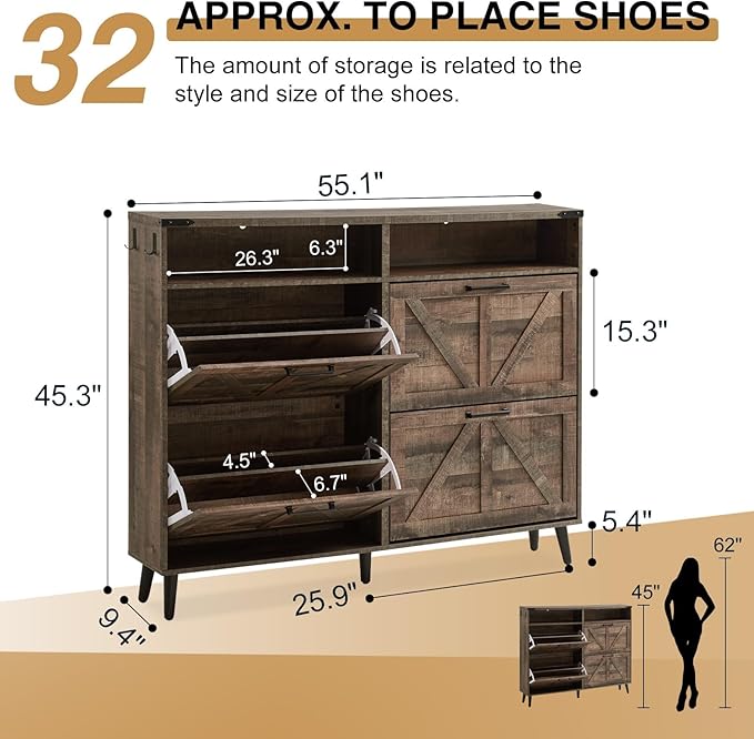 Shoe Storage Cabinet,Farmhouse Shoes Organizer with 4 Flip Drawers & Barn Door Design,Freestanding Hidden Slim Narrow Shoe Rack Cabinet with Open Shelves for Entryway,Hallway,Rustic Brown-NeatNest