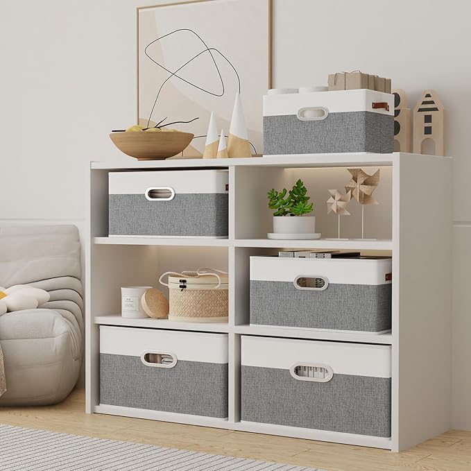Yawinhe Fabric Storage Baskets, Foldable Closet Organizer for Shelves, Large Boxes with 3 Handles, Canvas Bins for Clothes, White/Grey, 12.99''Lx9.05''Wx7.87''H, 4-Pack-NeatNest
