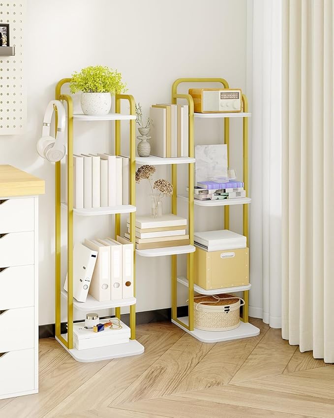 6 Tiers Vertical Shoe Rack, Narrow Shoe Tower, Tall Shoes Shelf with 2 Hooks, Adjustable Shelves, Corner Shoes Shelves for Small Spaces, Entryway, Living Room, White Gold SR04213A-NeatNest