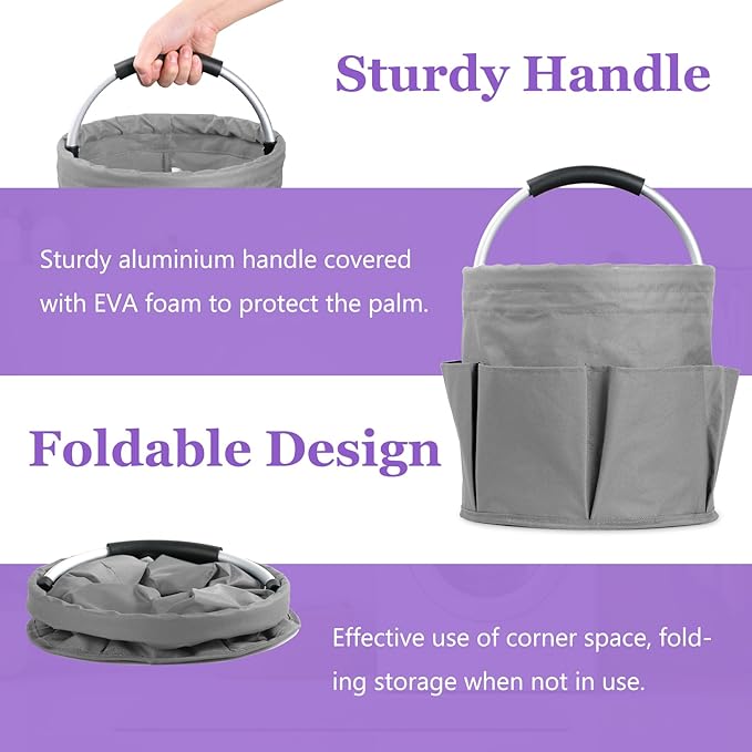 2Pcs Cleaning Caddy with Handle and 6 Pockets, 17L Foldable Cleaning Supply Caddy, Portable Shower Caddy in 600D Oxford Fabric, Multifunctional Storage Basket for Camping, Garden, Dark Gray-NeatNest