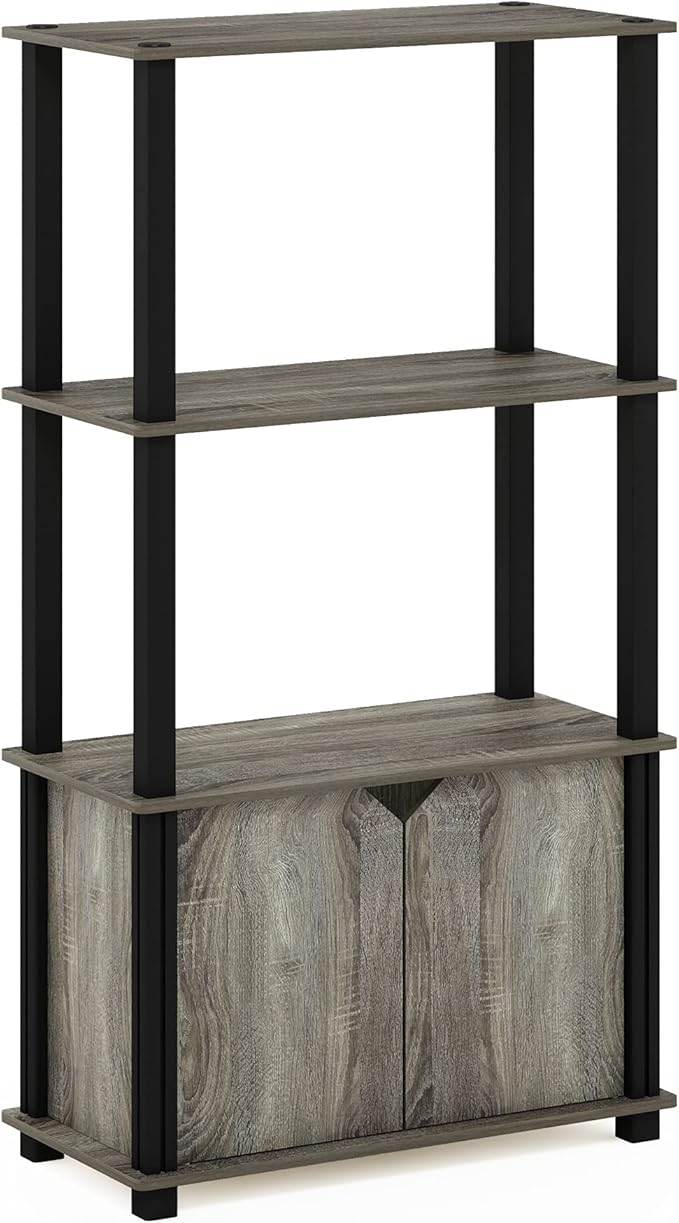 Furinno Brahms 4-Tier Multipurpose Bookcase/Bookshelf/Display Shelf/Display Rack with Door, French Oak Grey/Black-NeatNest