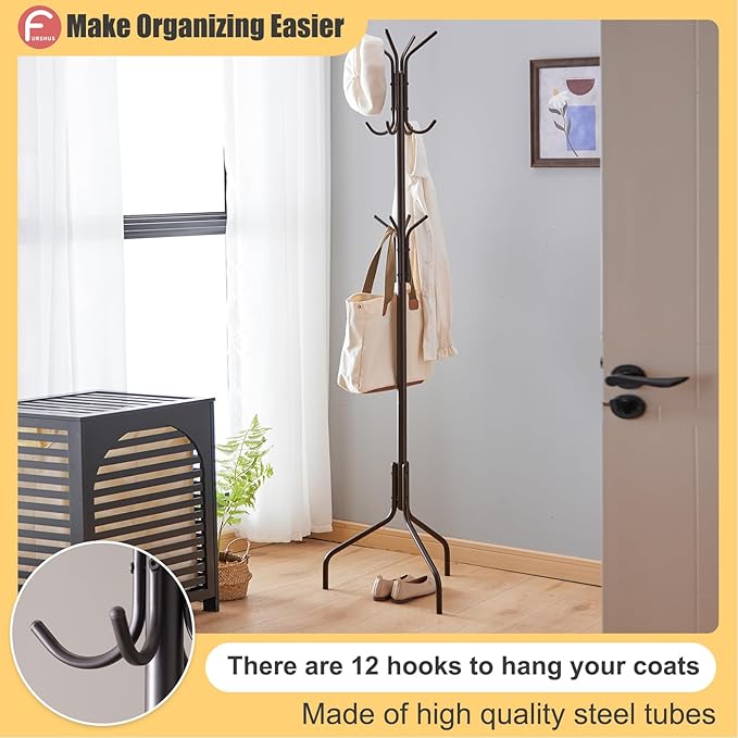 Coat Rack Freestanding,hat and coat rack stand for entryway,Living Room,Bedroom,Metal coat tree with12 Hooks and 3 Legs (Brown)-NeatNest