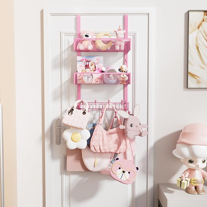 HapiRm Over The Door Hanger with Coat Hooks and 2 Baskets, Rustproof & Waterproof Pink Over The Door Hooks, Storage Organizer for Hats, Bathroom, Kitchen, Bedroom - Pink