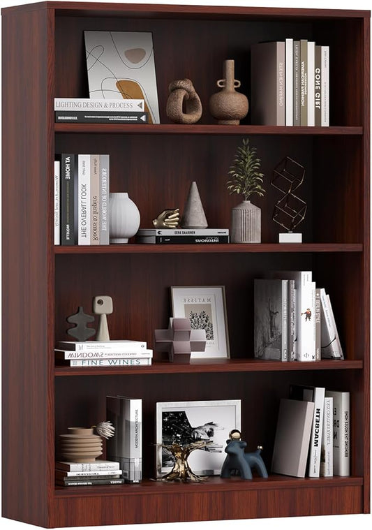 Farini 48 Inch Tall 4-Shelf Bookcase, Wood Bookshelf Storage Organizer Adjustable Shelf for Home Office, Study Room, Easy Assembly,Mahogany