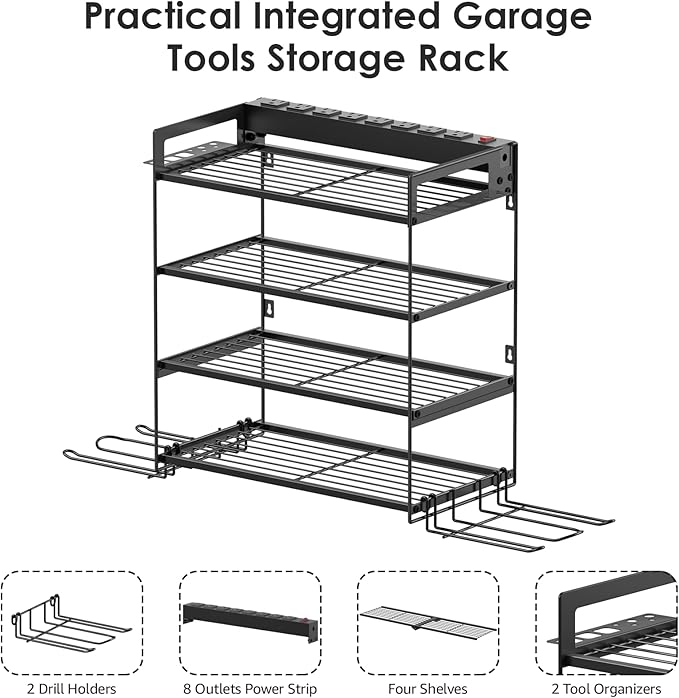 CCCEI Garage Tools Storage with Charging Station. Power Tool Battery Organizer Utility Shelf with Power Strip. 4 Drills Holder Wall Mount Rack, Black 4 Layer.-NeatNest
