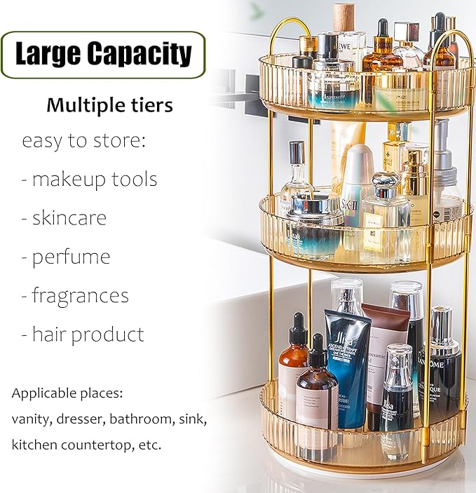 Rotating Makeup Organizer Countertop 3 Tier Lazy Susan Trays Clear Skincare Perfume Storage for Bathroom Counter Vanity, Amber Gold-NeatNest