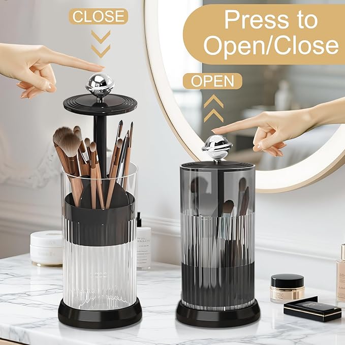 Makeup Brush Holder with Lid,One Touch Open 4 Slot Makeup Brush Case with Waterproof Dustproof, 360 Rotating Makeup Organizer for Vanity Desktop Counterto Bathroom (Black)-NeatNest
