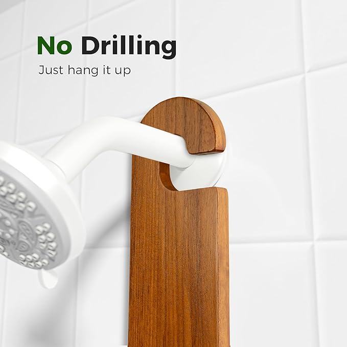 Utoplike Teak Shower Caddy over Shower Head, Bathroom Organizer Hanging, Wood Standing Shower Shelf Holder for Shampoo, Soap, Towels, No Drilling