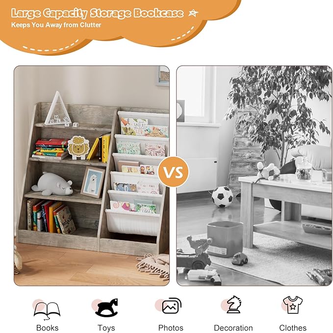 4 Tier Kid Bookshelf Wooden 5 Sling Children Bookcase Toddler Montessori Bookcase Book Rack Display Toy Storage Organizer Book Display Shelf Stand Classroom Bedroom Nursery Playroom (Grey Wood)