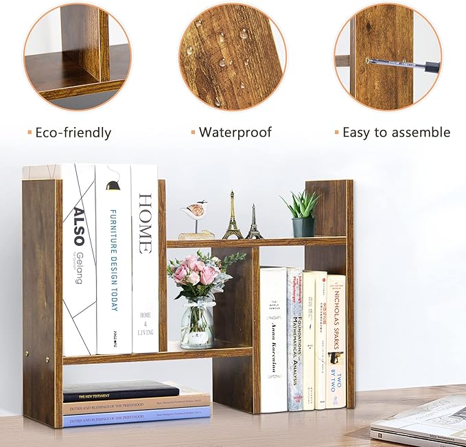 J.M.Deco Desktop Organizers and Storage for Office, Adjustable Desktop Organizer Shelf Double H Display, True Natural Stand Shelf, Desktop Shelf Organizer Natural Wood Tone-NeatNest