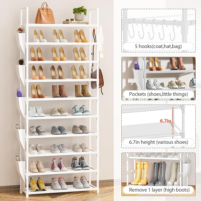 Tall Shoe Rack 10 Tier Shoe Racks Organizer for Closet 30-35Pairs,Large Capacity Storage Rack for Shoes with 5Hooks and Side Pocket,Sturdy Metal Shoe Shelf, Vertical Shoe Stand Tower-NeatNest