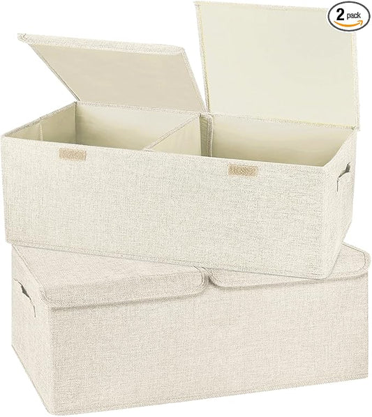 2 Pack Large Storage Boxes with Lids and Handles, Collapsible Linen Storage Bins Organizer Containers Baskets Cube with Removable Divider for Home Bedroom Closet Office (Cream, Small)-NeatNest
