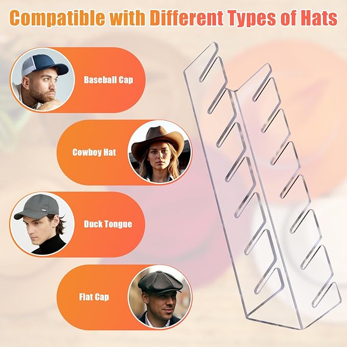 Hat Stand for Baseball Caps, 2 Pack No Install Acrylic Hat Organizer for 14 Baseball Caps Storage Organizer, Hat Racks Hat Holder Display and Organization for Closet, Bedroom, Dresser (Clear-2Pack)-NeatNest